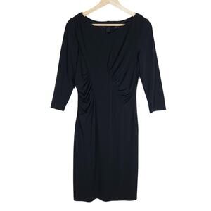 David Meister 6 Black Ruched Sheath Dress 3/4 Sleeve Classic Minimalist Designer